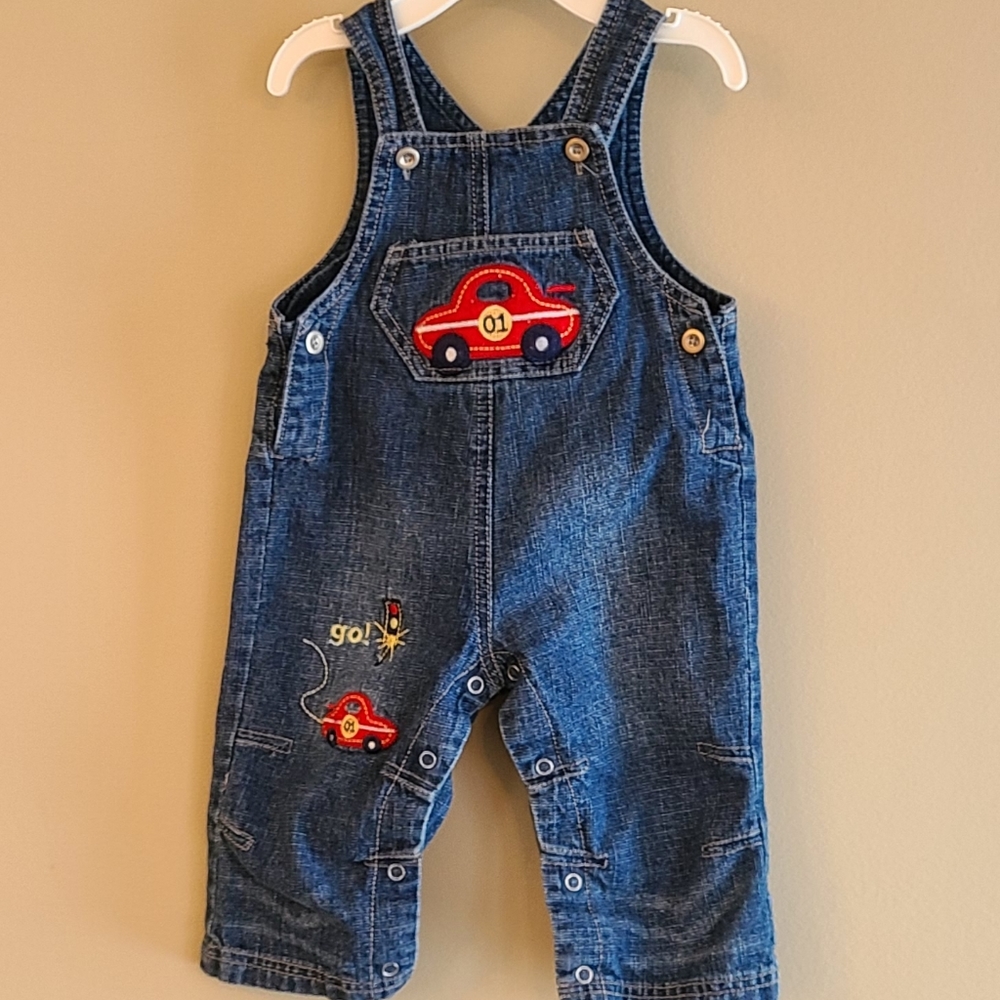 Denim overalls with embroidered car detail
